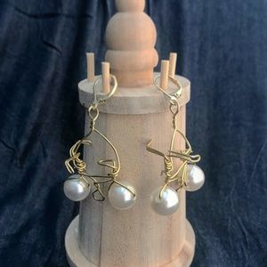 Gold-toned Wire Bicycle Earrings with Pearl Beads